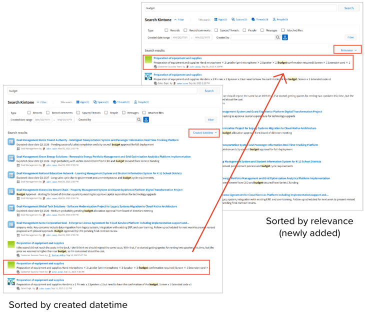 Sorted by created time and by relevance