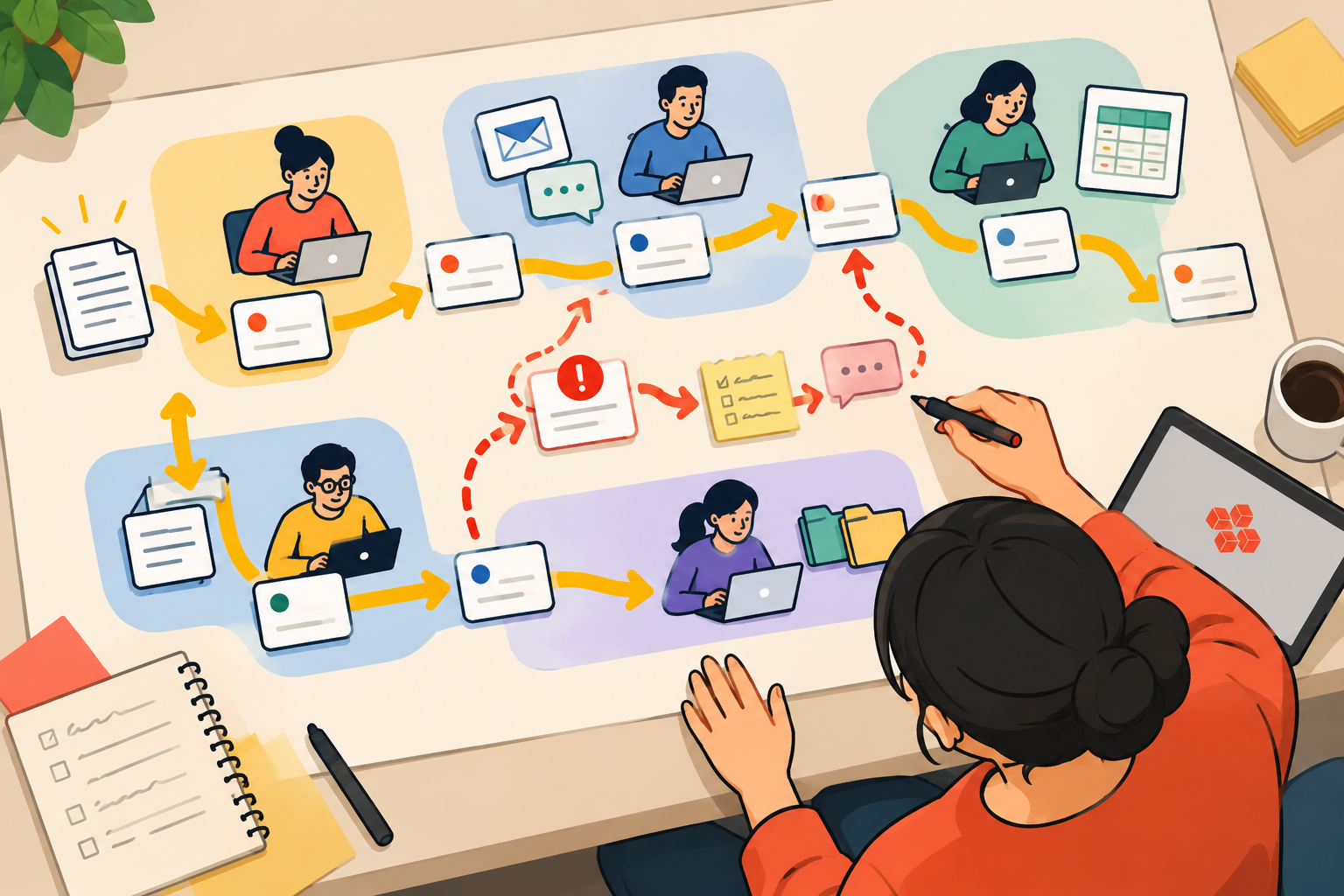 Overhead illustration of an operations manager mapping a real workflow across teams, showing email, spreadsheet, chat, and manual workarounds around an exception path.