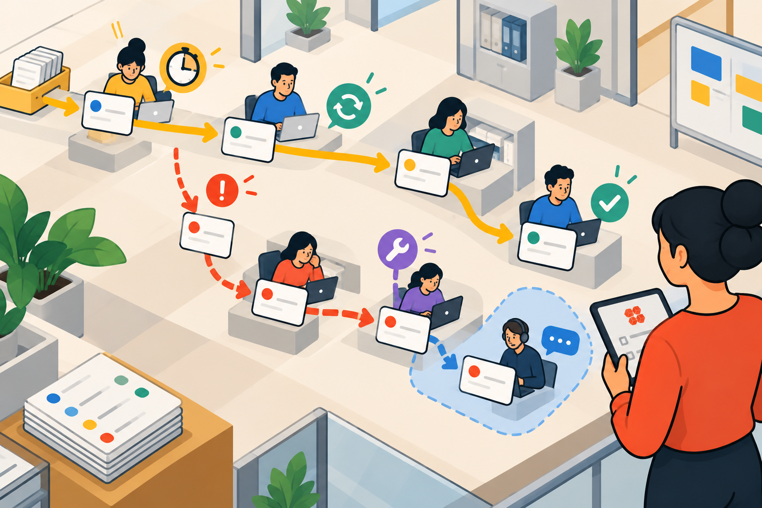 Illustration of a workflow pilot under real operating conditions, showing normal work, an exception path, administrative friction, outside support, and an operations manager observing the results.)