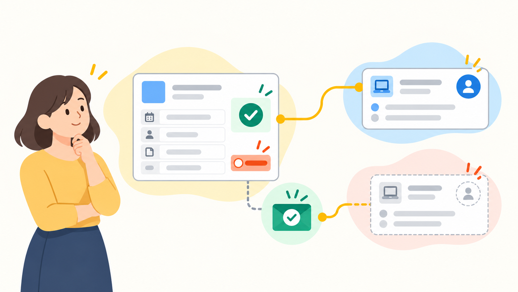 Illustration of an operations manager overseeing two approval paths: one recorded approval connects to an assigned IT task, while an email approval leaves the next task unassigned and the workflow stalled.