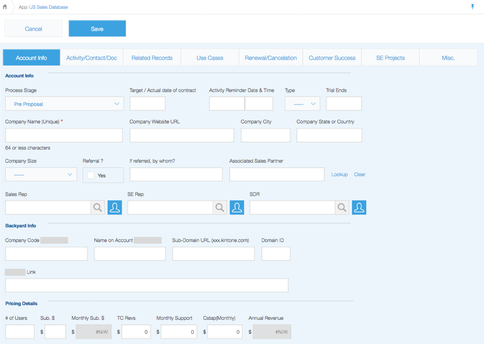 Kintone Sales Database Add New Record