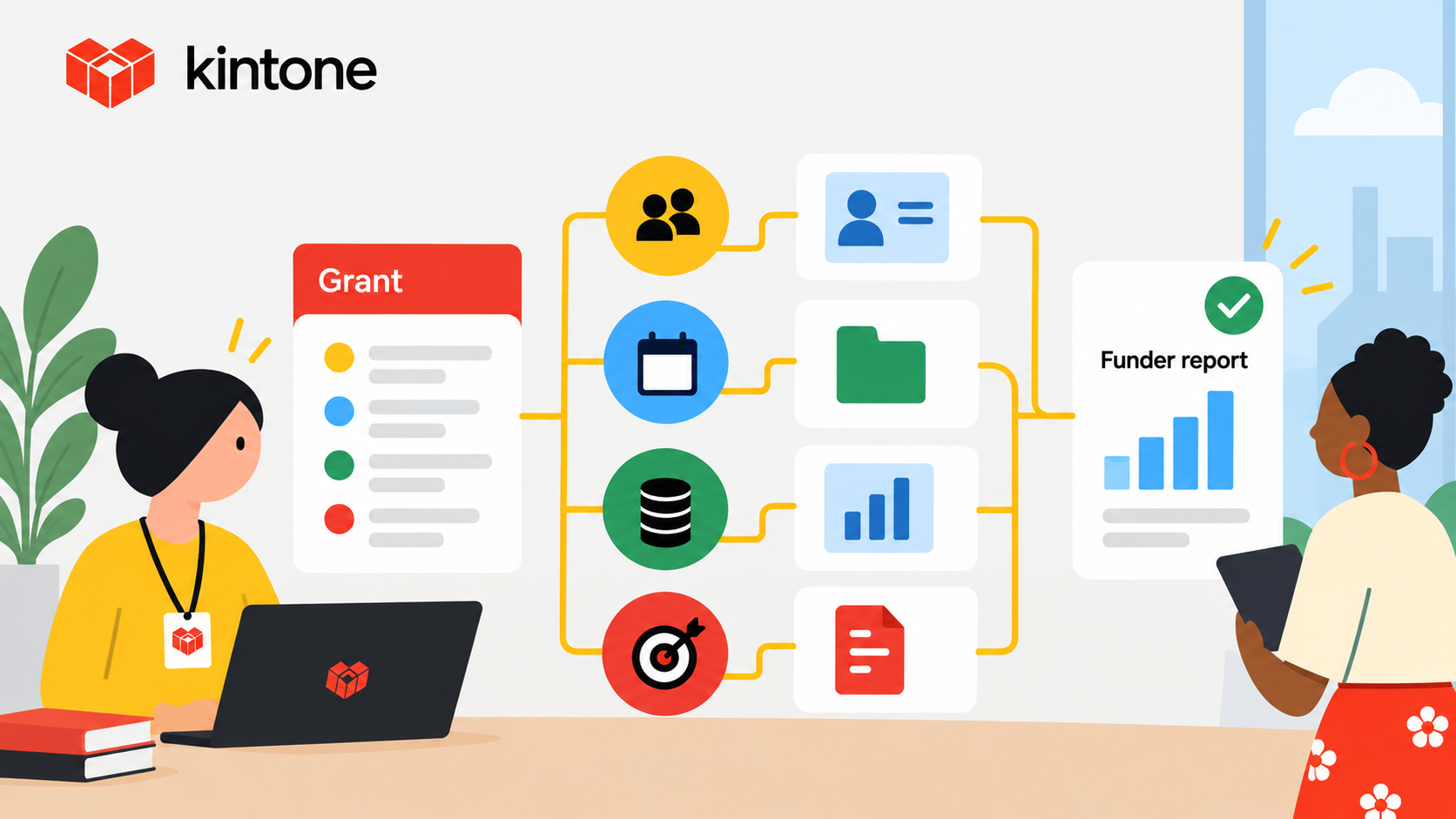 illustration of a grant requirement linked to program records, financial information, supporting documentation, and the evidence used for funder reporting.)