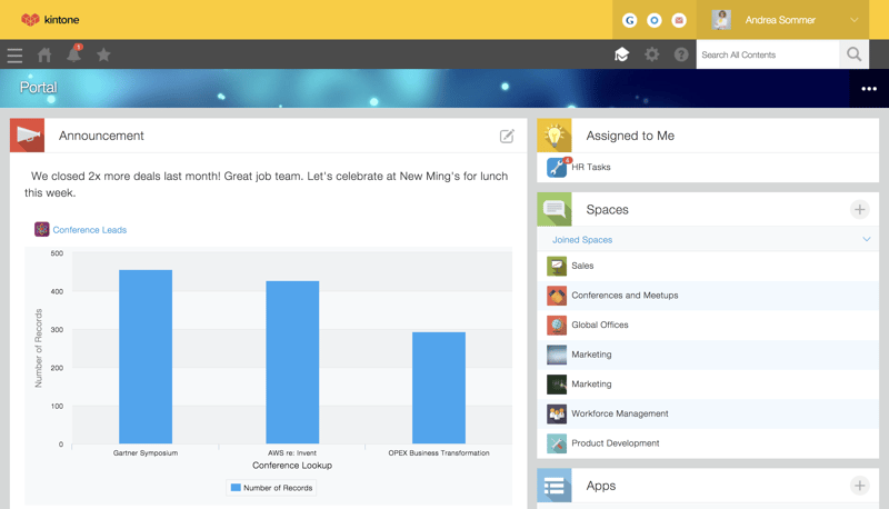 Kintone portal with charts and graphs