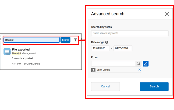Keyword search and advanced search on the "Notifications" screen