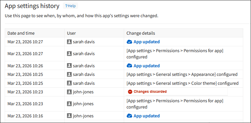 "App settings history" screen