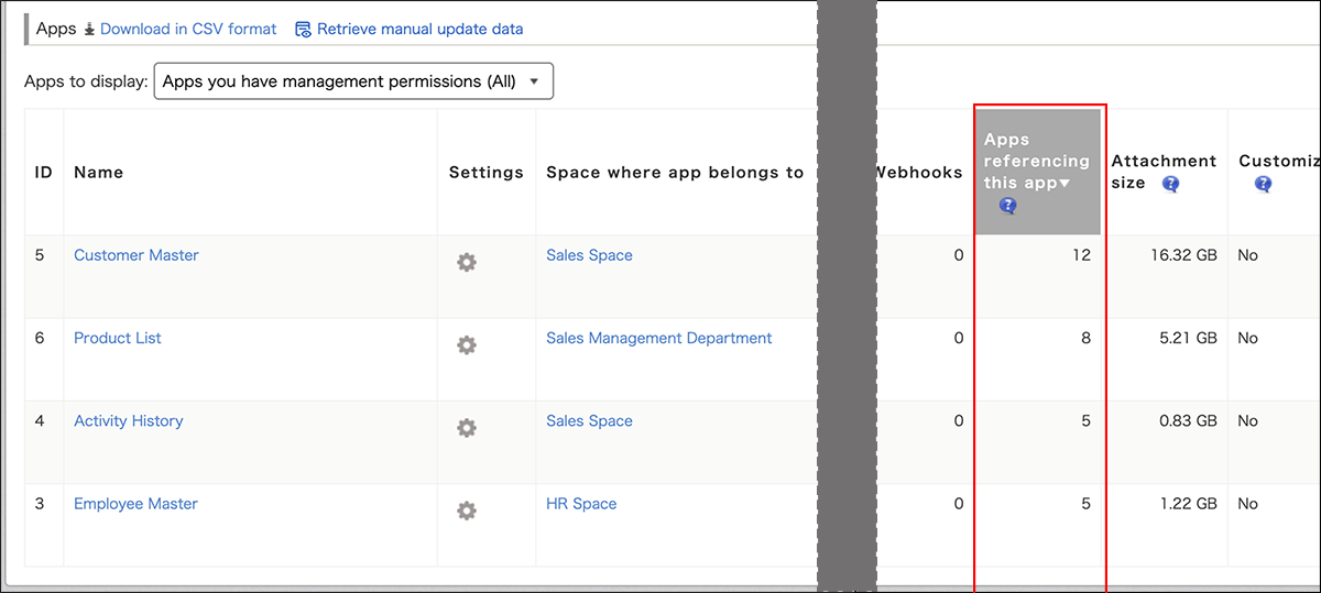 "App management" screen after the update