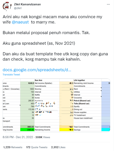 Tweet showing Zikri's expense sheet. 