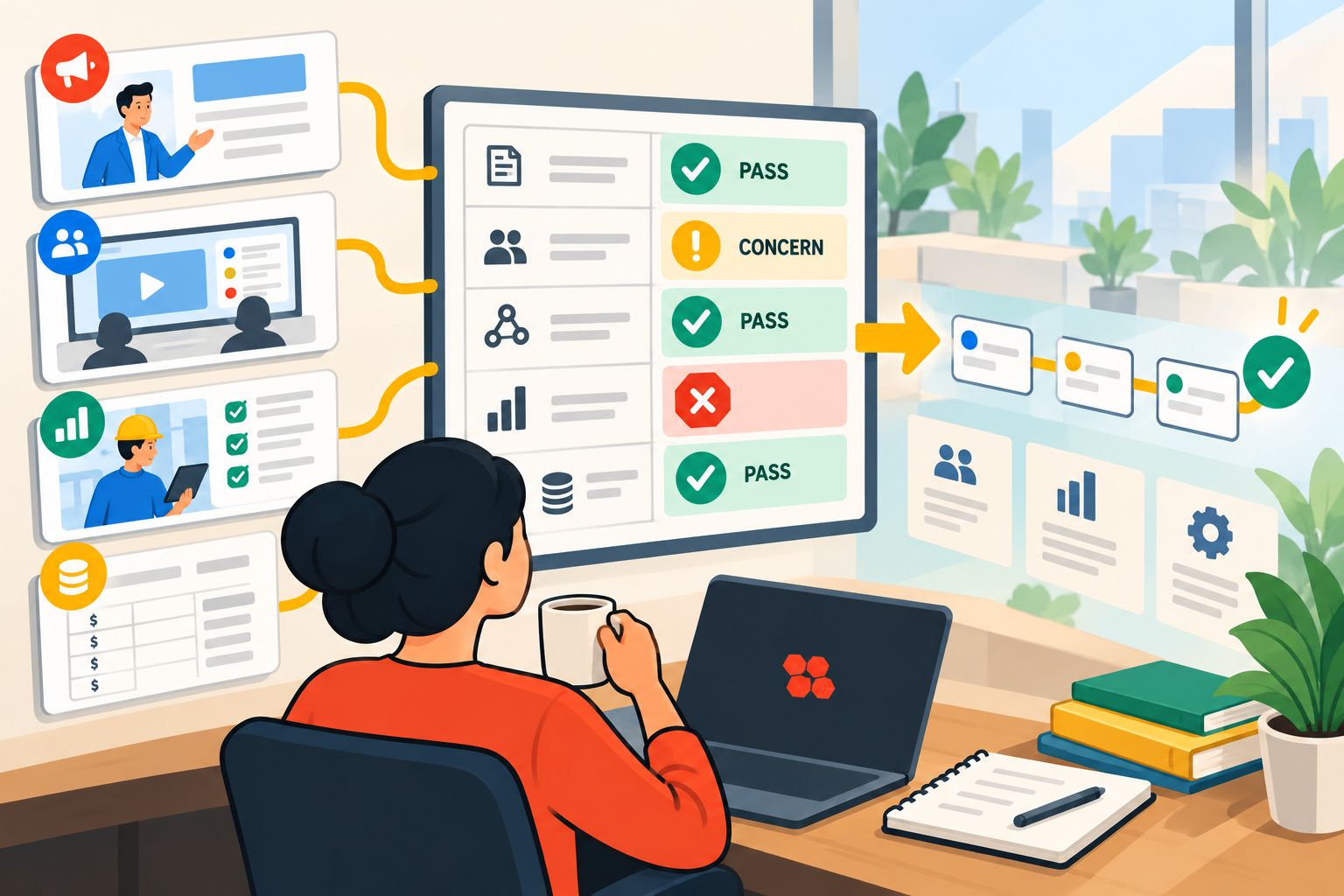 Illustration of an operations manager reviewing vendor claims, demo results, pilot evidence, and costs to turn evaluation findings into an evidence-based workflow software decision.