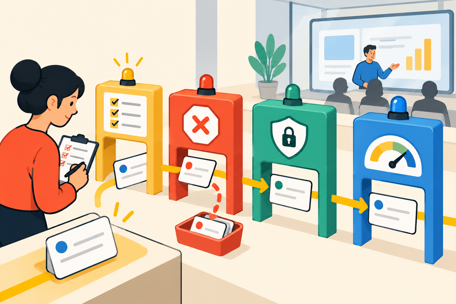 Operations employee setting requirements, deal-breakers, governance checks, and baseline measures between a workflow record and a vendor demonstration.)