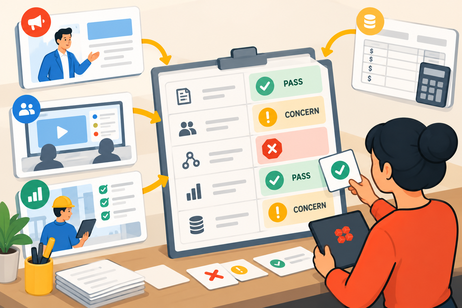 Illustration of an operations manager combining vendor claims, demo observations, pilot evidence, and cost information into an evaluation board showing pass, concern, and deal-breaker results.