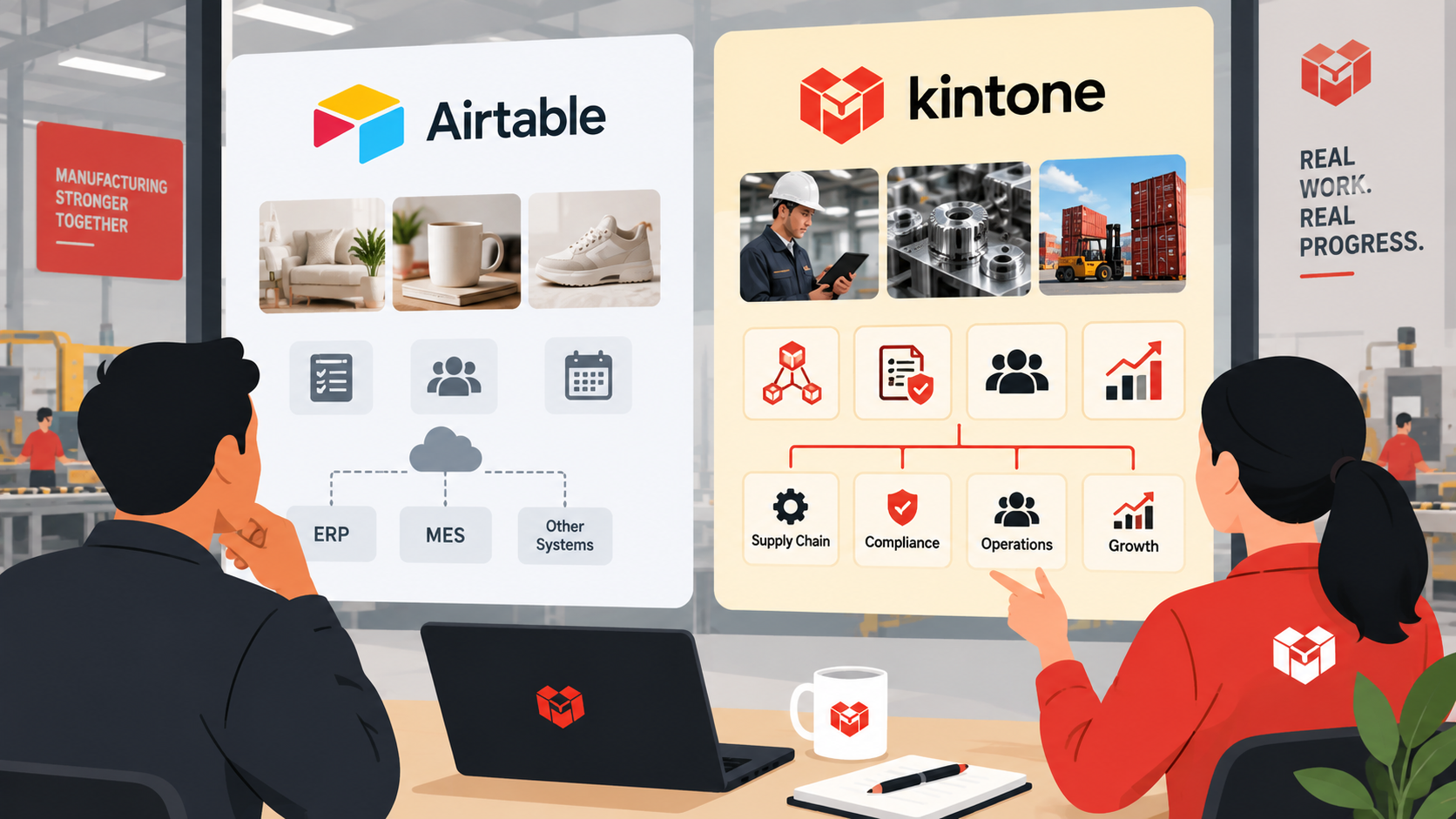 Two manufacturing professionals compare Airtable and Kintone, with Kintone highlighting connected supply chain, compliance, operations, and growth workflows.