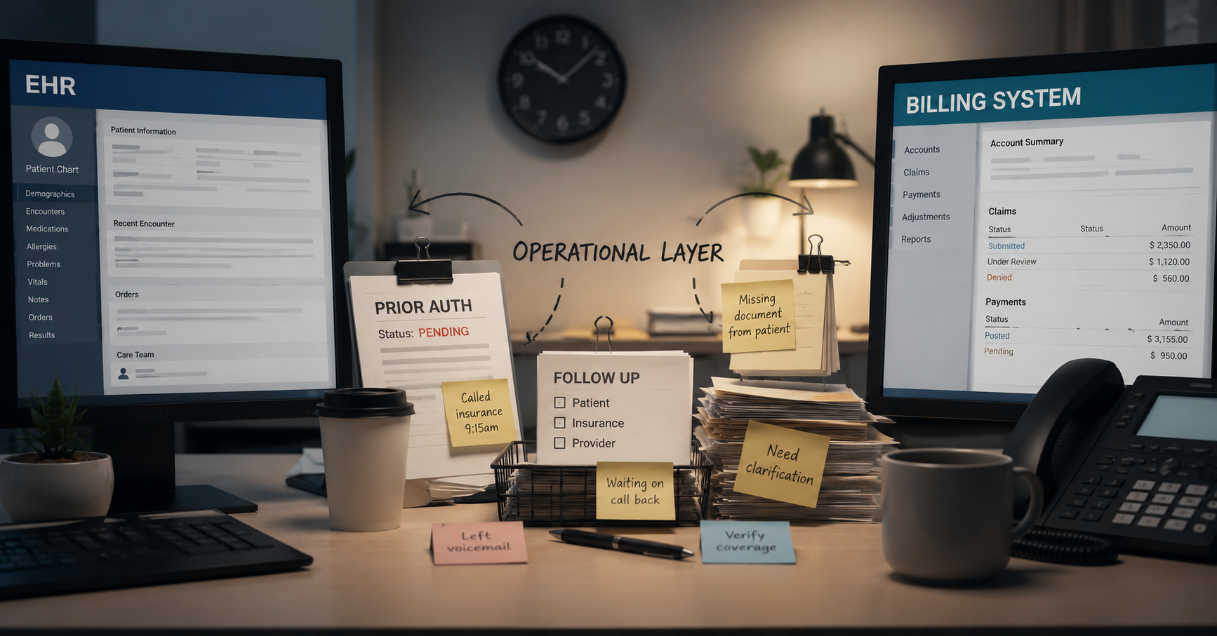 Healthcare operations desk showing an EHR and billing system separated by prior authorization, follow-up, document, and insurance tasks.