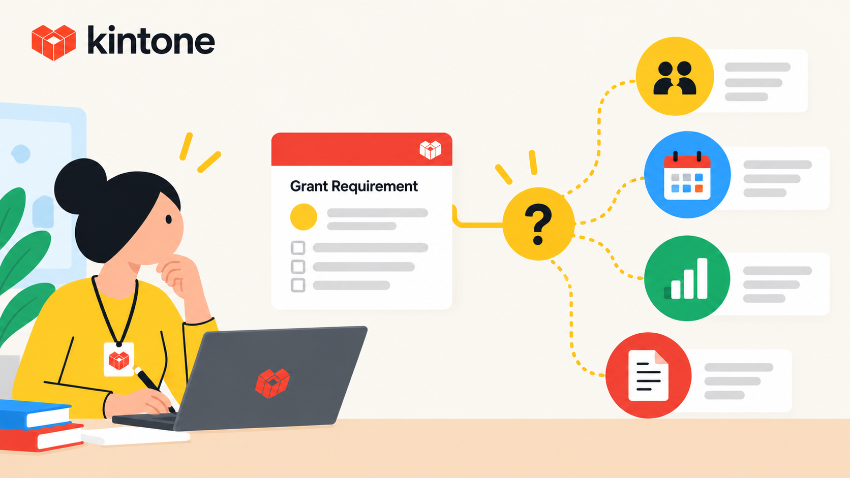 Kintone illustration showing a grant record connected to program, deadline, financial, and documentation records that converge into a completed funder report.
