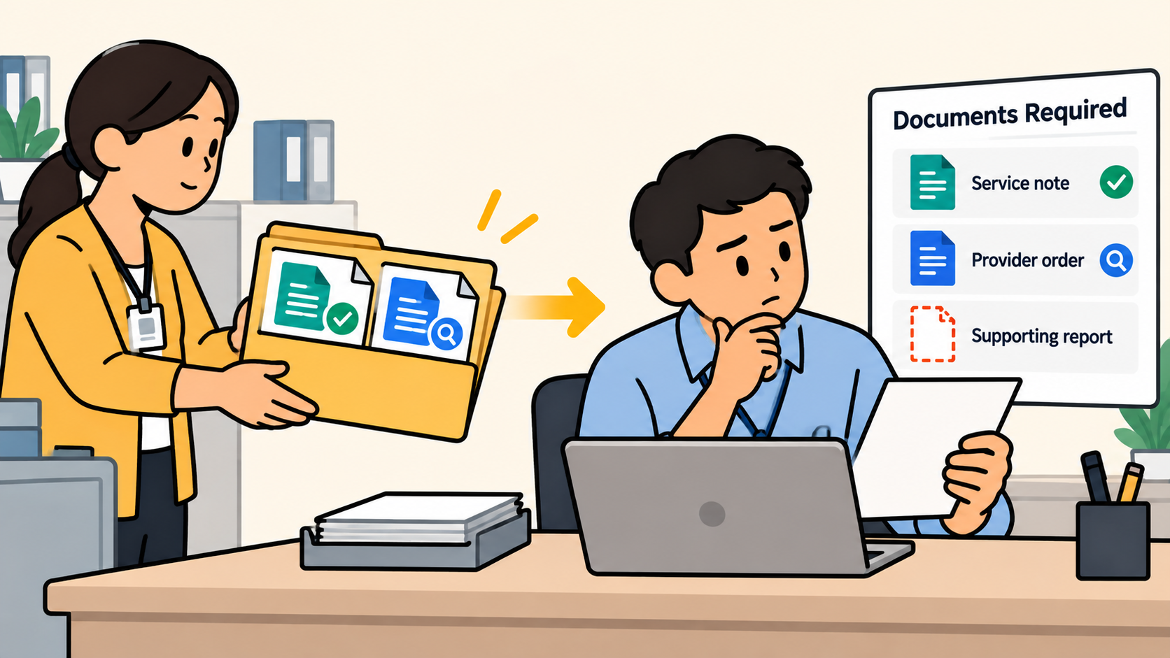 A billing reviewer compares an incoming case containing a service note and provider order against three required documents. The supporting report has no matching file in the case.