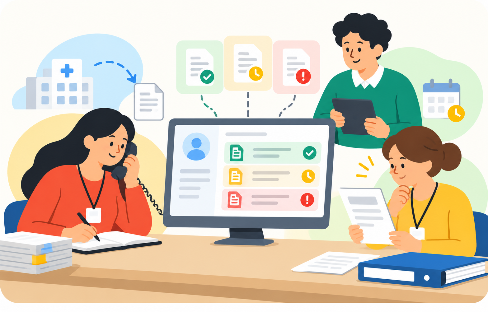 Illustration of a healthcare administrative team reviewing patient documentation, with a central screen showing accepted, pending review, and missing records before a billing handoff.