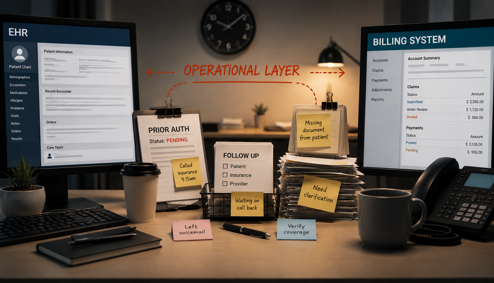 EHR and billing system screens separated by prior authorization paperwork, follow-up tasks, and missing documentation labeled as the operational layer.