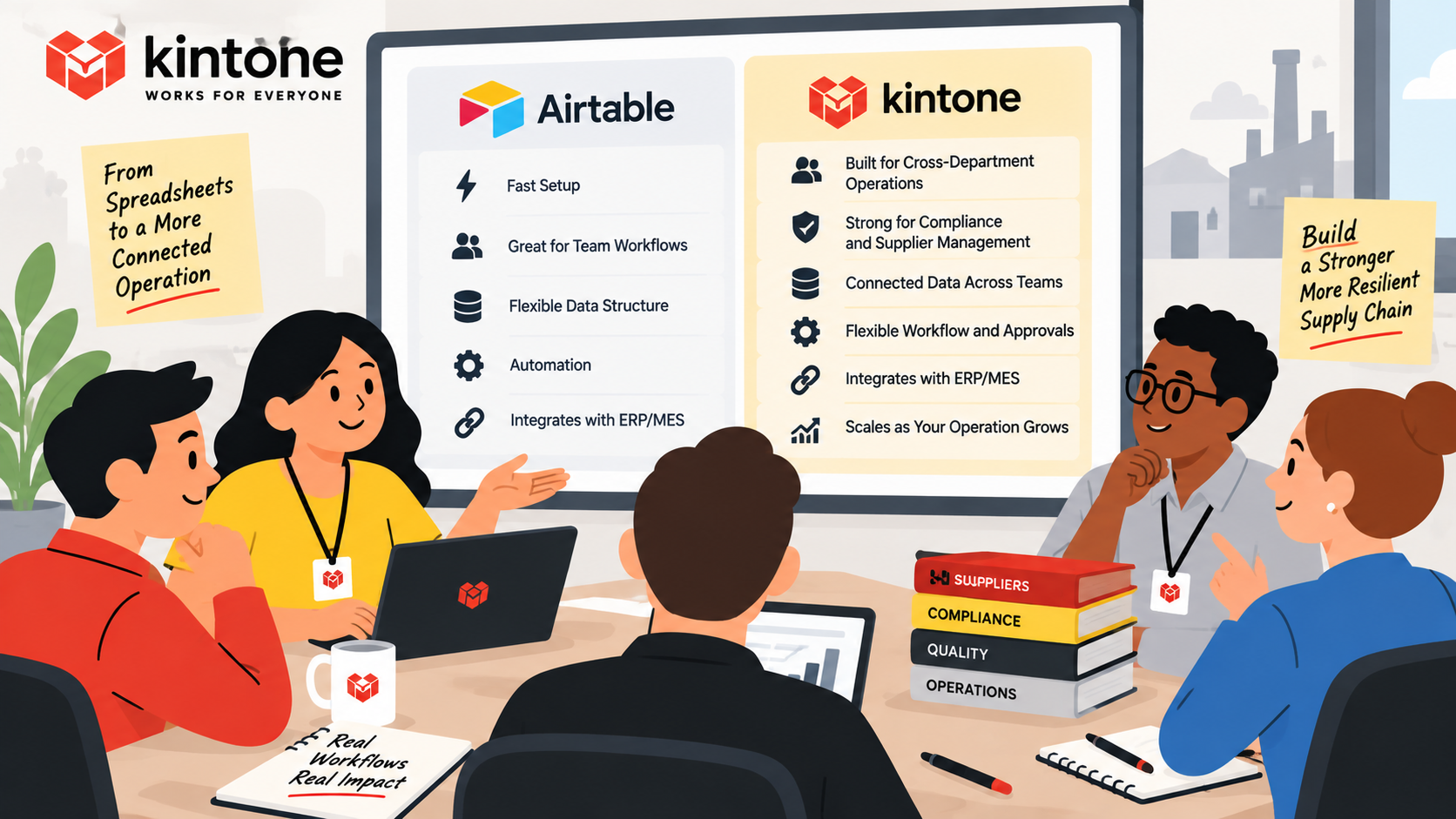 Five manufacturing team members compare Kintone and Airtable across workflows, integrations, compliance, data structure, and cross-department operations.