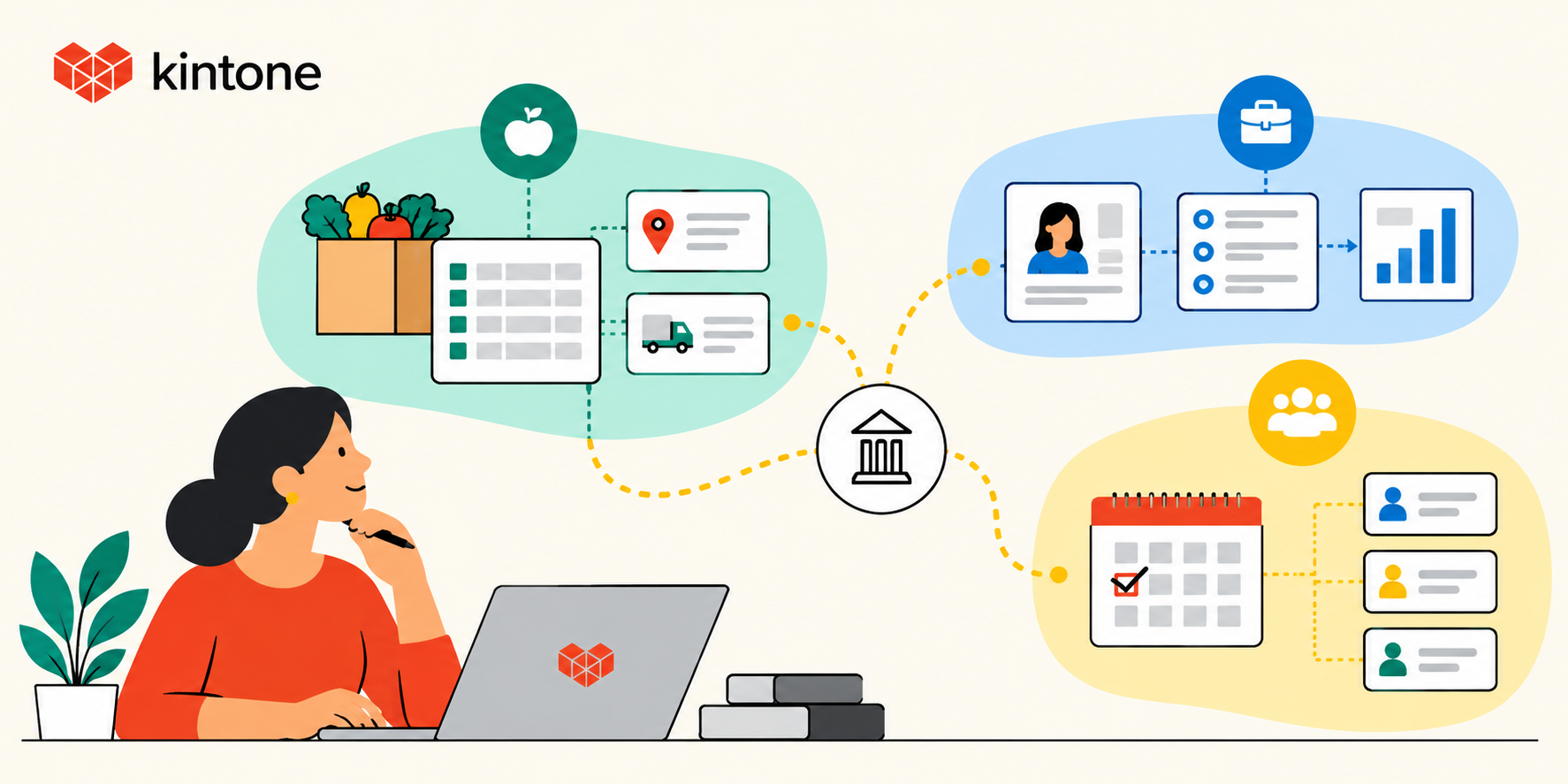 Kintone illustration showing food distribution, job readiness, and volunteer programs maintaining distinct records while selected information connects across the organization.