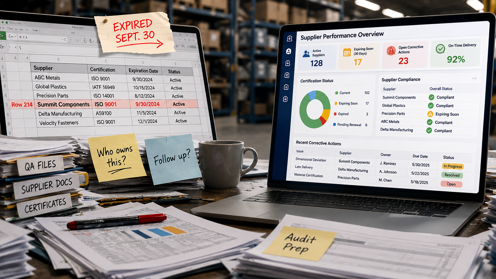 Supplier certification spreadsheet with an expired record beside a supplier performance dashboard showing certification status and corrective actions.