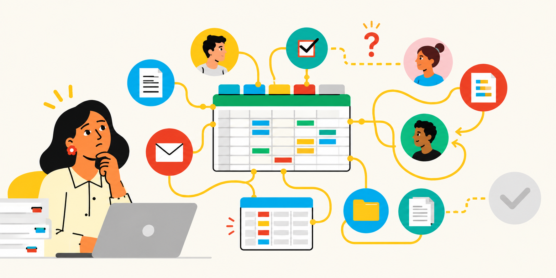 Operations manager navigating a tangled spreadsheet-based process with disconnected records, approvals, handoffs, and communication paths that fail to reach completion.